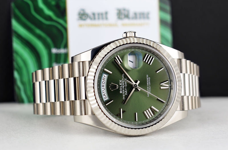 ROLEX White Gold Day Date President Green Roman Card & Tags Model 228239