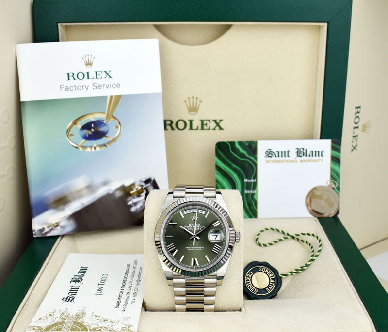 ROLEX White Gold Day Date President Green Roman Card & Tags Model 228239
