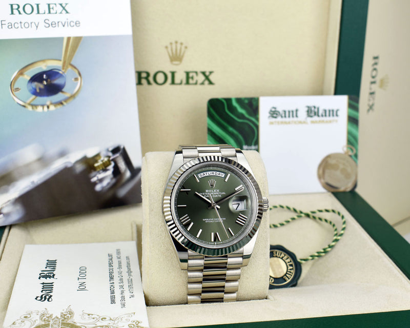 ROLEX White Gold Day Date President Green Roman Card & Tags Model 228239
