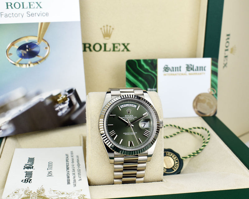 ROLEX 18kt White Gold Day Date 40 President Green Roman Model 228239