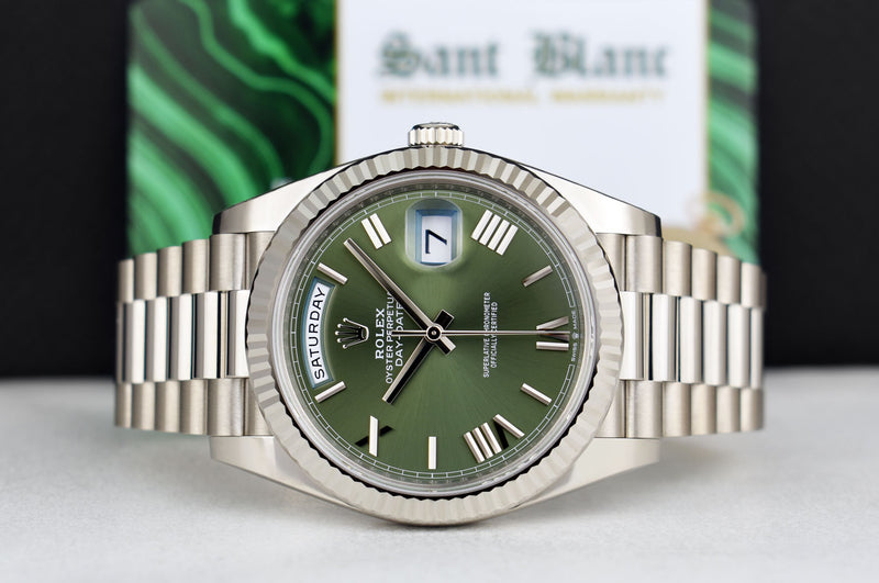 ROLEX White Gold Day Date President Green Roman Card & Tags Model 228239