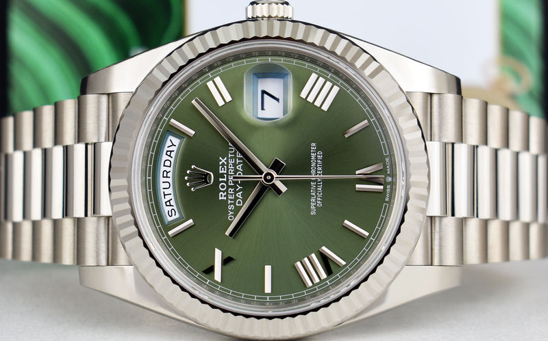 ROLEX 18kt White Gold Day Date 40 President Green Roman Model 228239