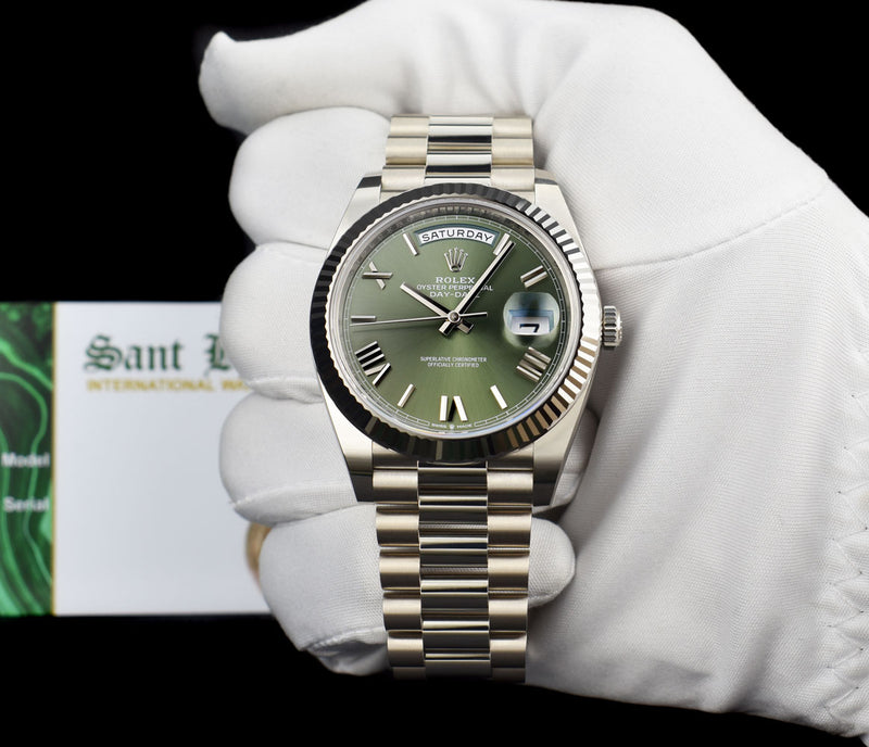 ROLEX White Gold Day Date President Green Roman Card & Tags Model 228239