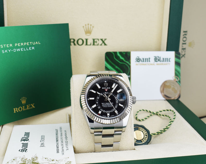 ROLEX 18kt White Gold & Stainless Steel Sky Dweller Black Dial w/ Card Model 326934