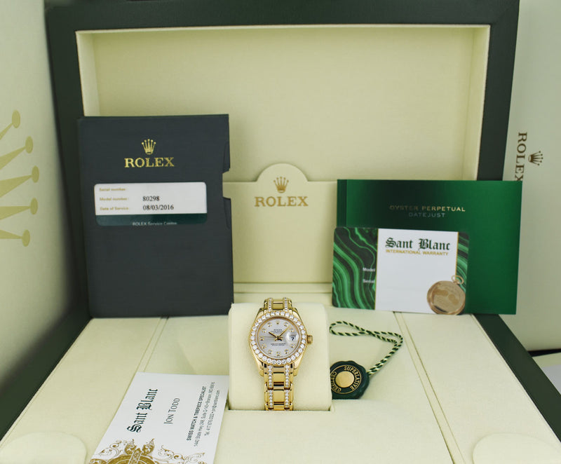 ROLEX 18kt Gold PearlMaster Masterpiece Silver Dial Diamond Band Model 80298