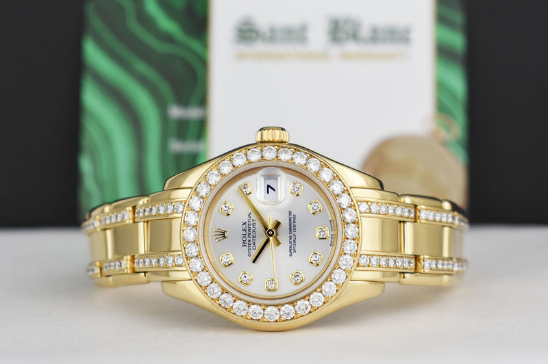 ROLEX 18kt Gold PearlMaster Masterpiece Silver Dial Diamond Band Model 80298