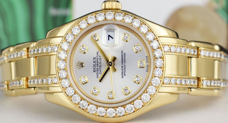 ROLEX 18kt Gold PearlMaster Masterpiece Silver Dial Diamond Band Model 80298
