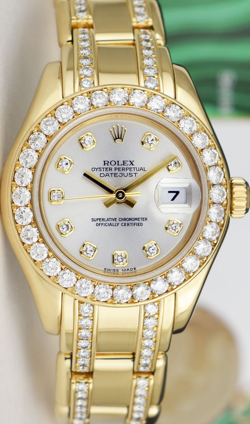 ROLEX 18kt Gold PearlMaster Masterpiece Silver Dial Diamond Band Model 80298