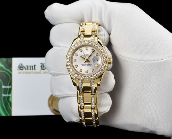 ROLEX 18kt Gold PearlMaster Masterpiece Silver Dial Diamond Band Model 80298
