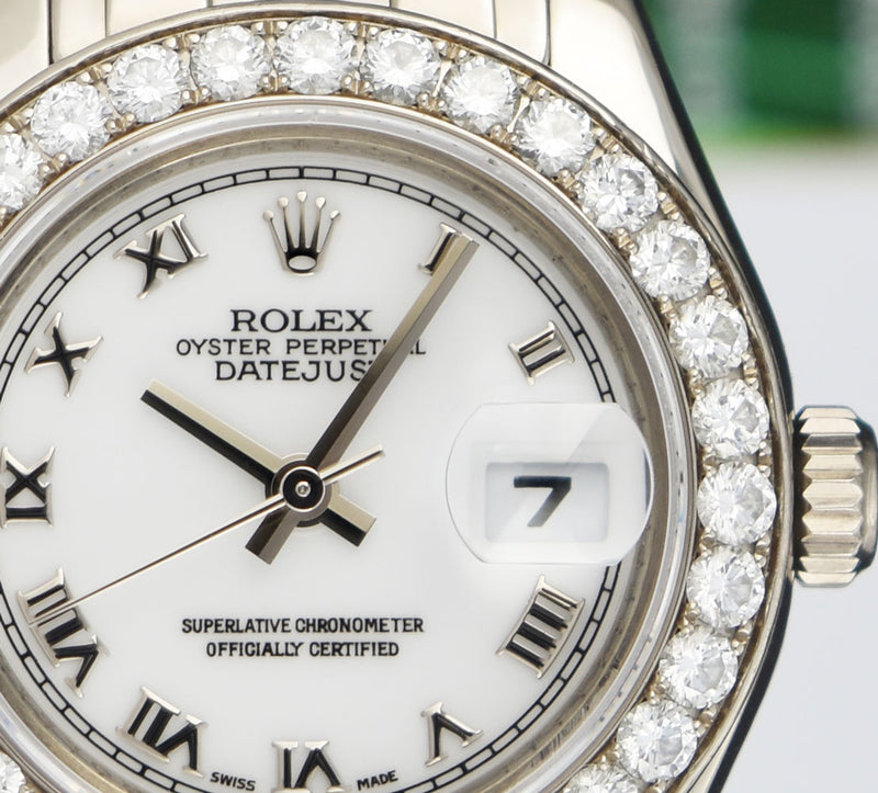 ROLEX Rehaut 29mm 18kt White Gold Masterpiece White Roman Dial Model 80299