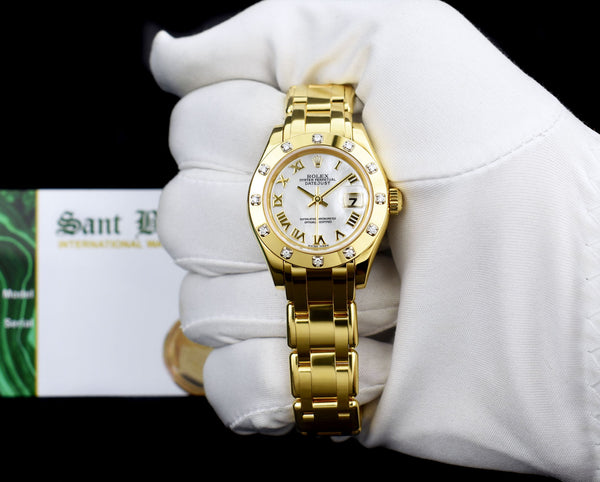 ROLEX 18kt Gold Pearlmaster Masterpiece Mother of Pearl Roman with Papers Model 80318
