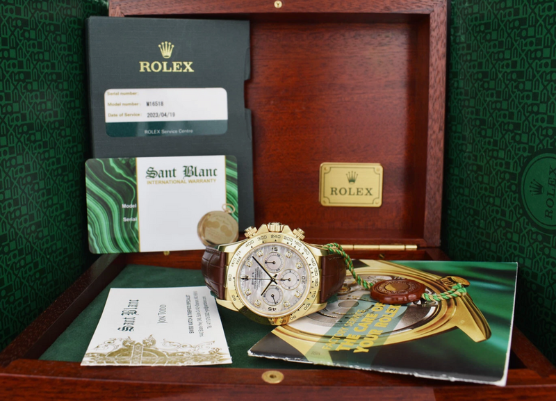 ROLEX 18kt Gold Daytona Pearl Diamond MOP Dial 2023 Service Card Model 16518