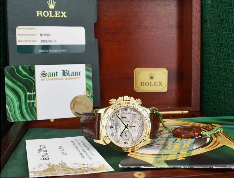 ROLEX 18kt Gold Daytona Pearl Diamond MOP Dial 2023 Service Card Model 16518