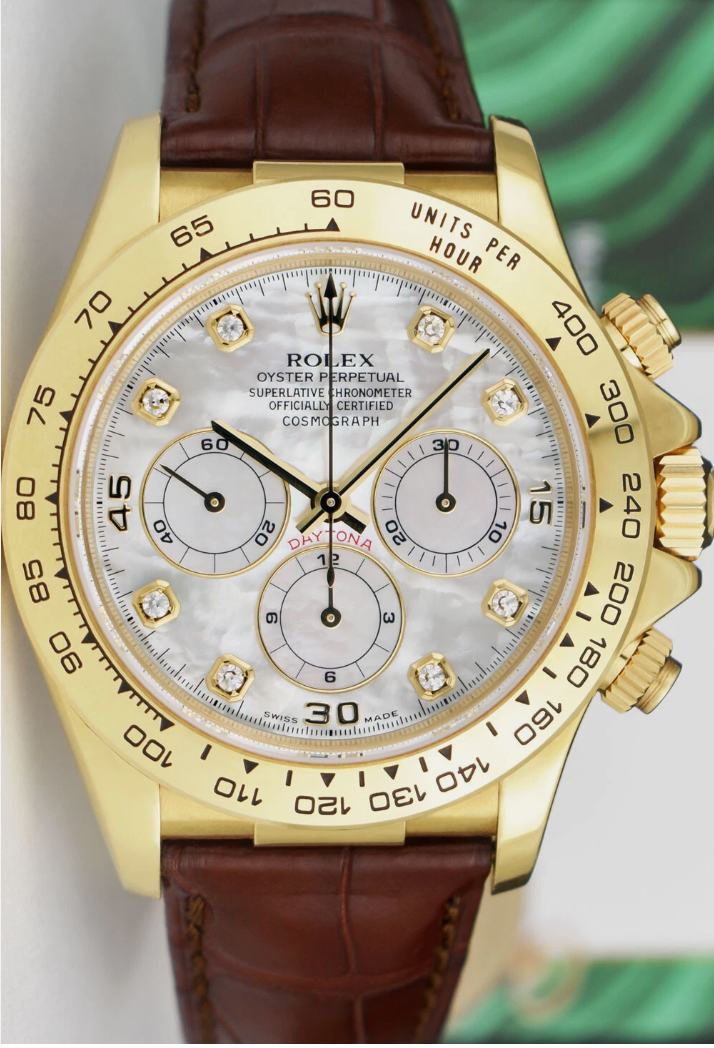 ROLEX 18kt Gold Daytona Pearl Diamond MOP Dial 2023 Service Card Model 16518