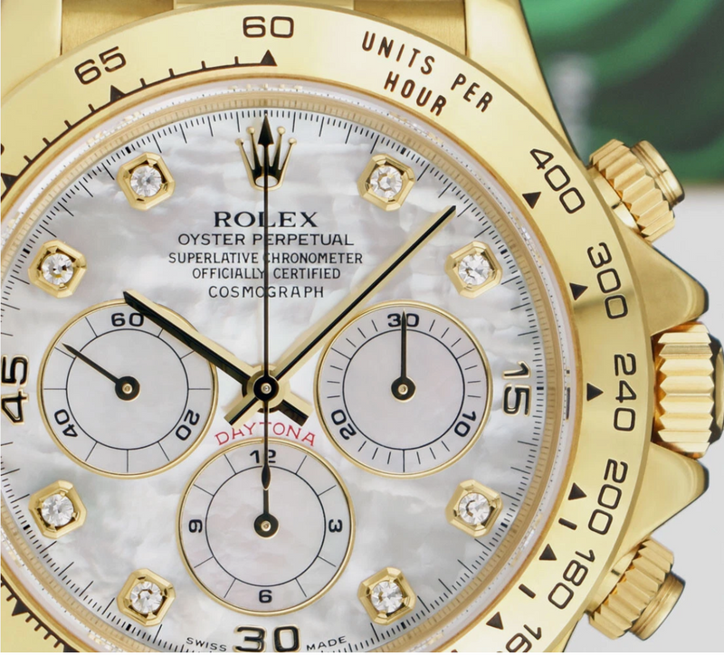 ROLEX 18kt Gold Daytona Pearl Diamond MOP Dial 2023 Service Card Model 16518