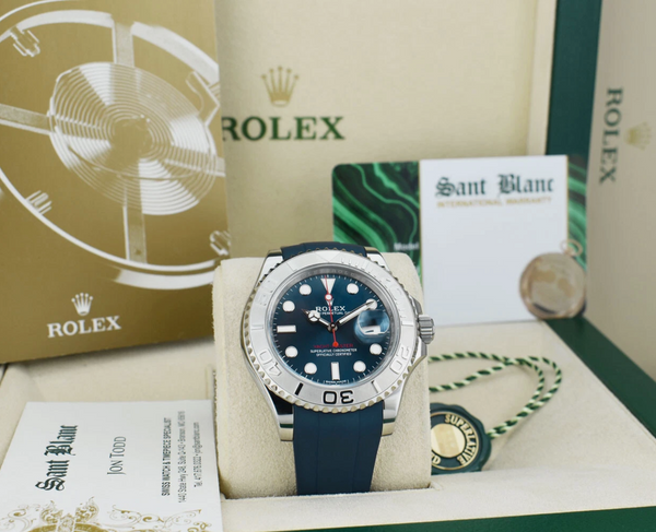 ROLEX 40mm Platinum & Stainless Steel YachtMaster Blue Dial on Blue Rubber B Model 116622