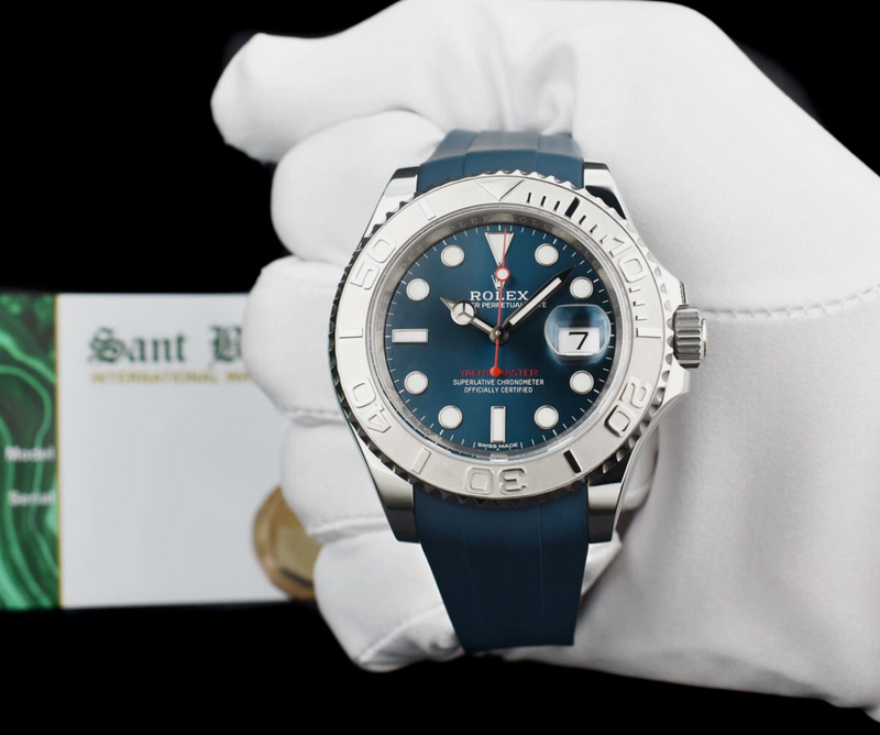 ROLEX 40mm Platinum & Stainless Steel YachtMaster Blue Dial on Blue Rubber B Model 116622