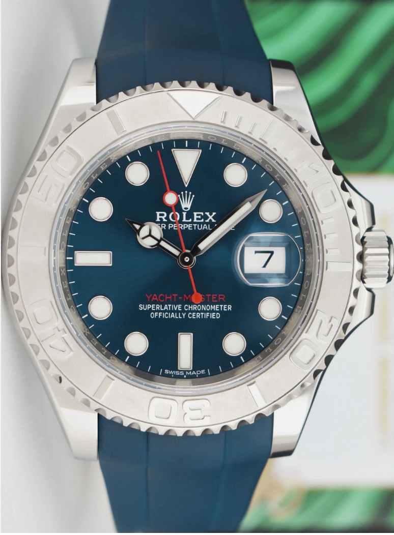 ROLEX 40mm Platinum & Stainless Steel YachtMaster Blue Dial on Blue Rubber B Model 116622