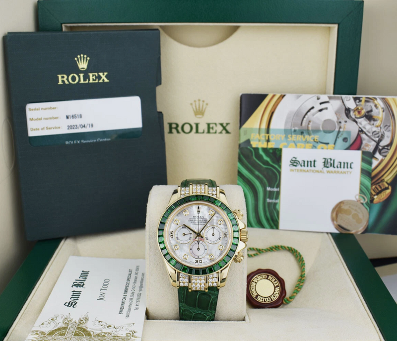 ROLEX 18kt Gold Daytona Mother of Pearl Dial Custom Green Bezel Svc Card Model 16518