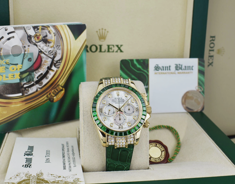 ROLEX 18kt Gold Daytona Mother of Pearl Dial Custom Green Bezel Svc Card Model 16518