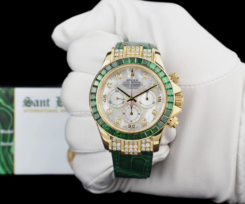 ROLEX 18kt Gold Daytona Mother of Pearl Dial Custom Green Bezel Svc Card Model 16518