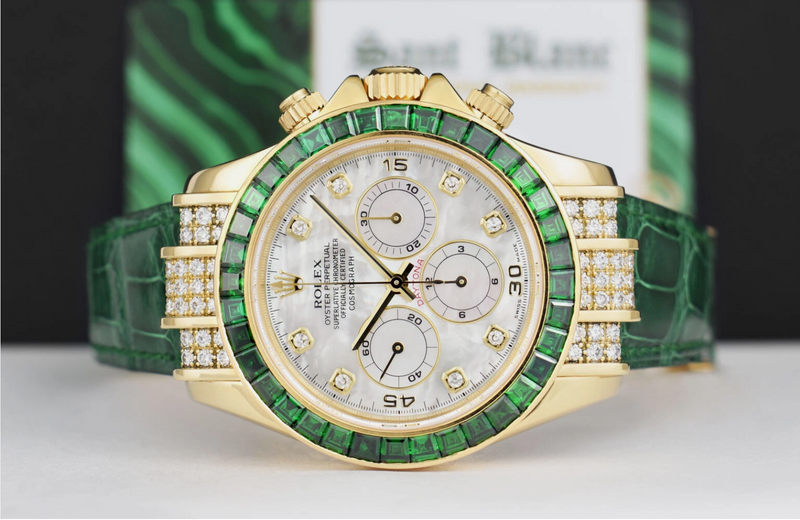 ROLEX 18kt Gold Daytona Mother of Pearl Dial Custom Green Bezel Svc Card Model 16518