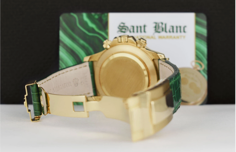 ROLEX 18kt Gold Daytona Mother of Pearl Dial Custom Green Bezel Svc Card Model 16518