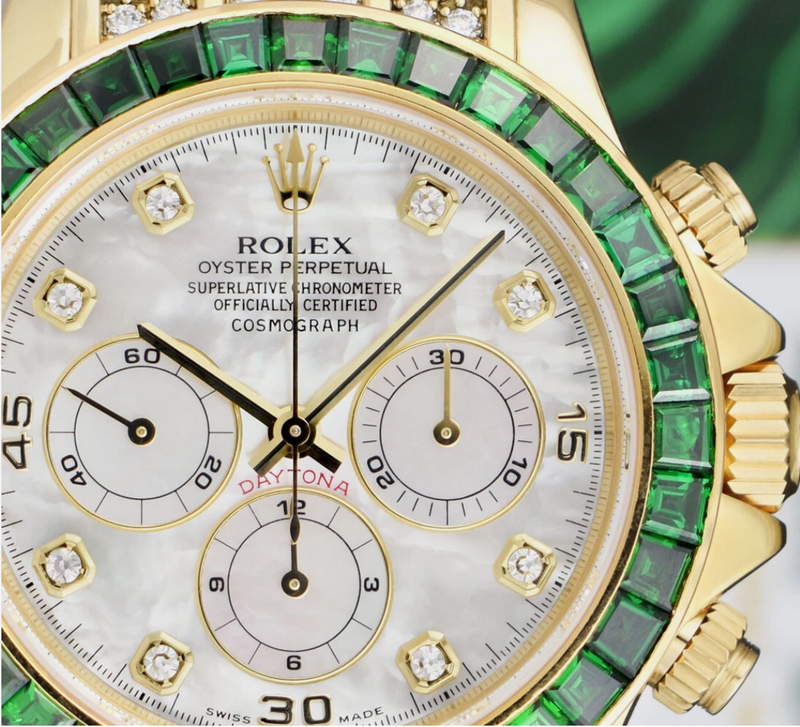 ROLEX 18kt Gold Daytona Mother of Pearl Dial Custom Green Bezel Svc Card Model 16518