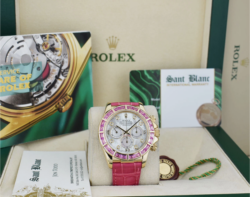 ROLEX 18kt Gold Daytona Mother of Pearl Diamond Custom Pink Baguette Bezel Model 16518