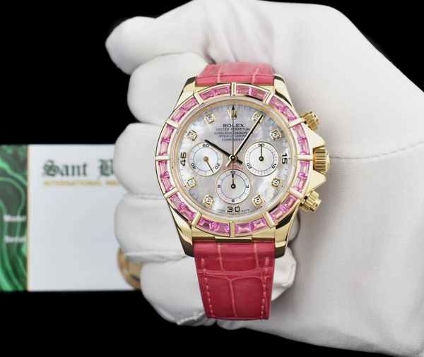 ROLEX 18kt Gold Daytona Mother of Pearl Diamond Custom Pink Baguette Bezel Model 16518