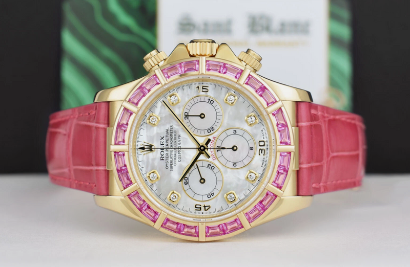 ROLEX 18kt Gold Daytona Mother of Pearl Diamond Custom Pink Baguette Bezel Model 16518