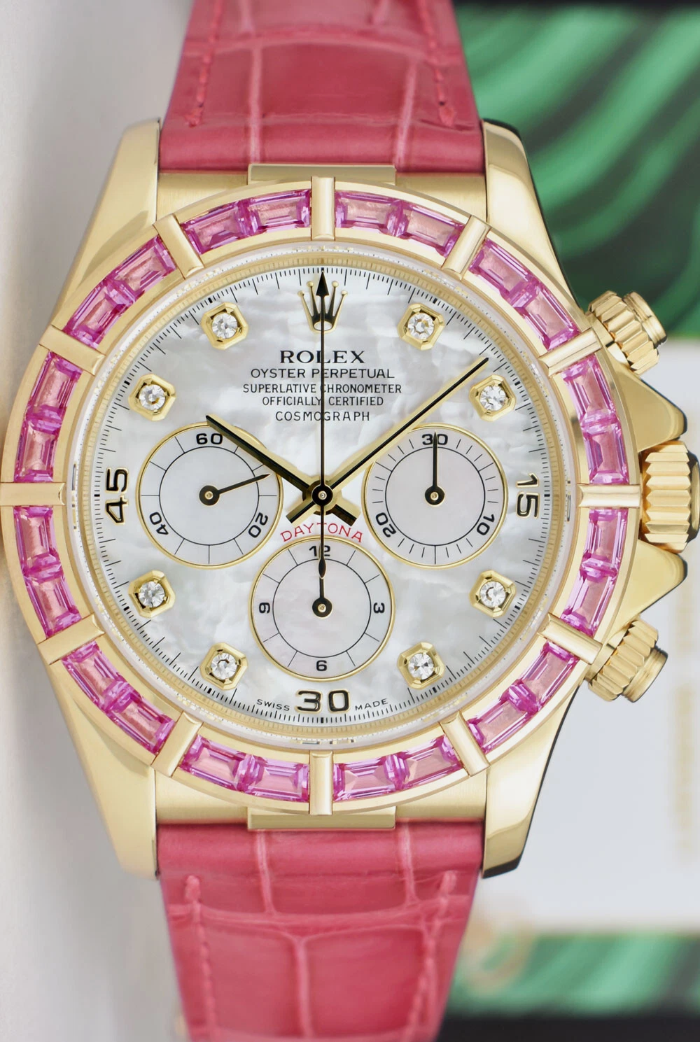 ROLEX 18kt Gold Daytona Mother of Pearl Diamond Custom Pink Baguette Bezel Model 16518