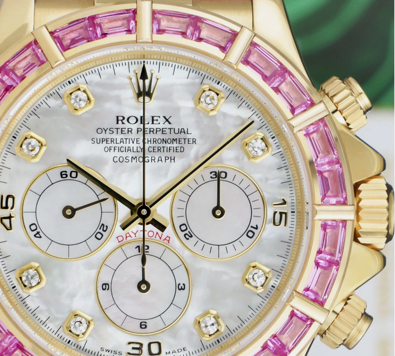 ROLEX 18kt Gold Daytona Mother of Pearl Diamond Custom Pink Baguette Bezel Model 16518