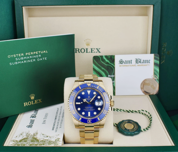 ROLEX Mens 18kt Gold Submariner Blue Dial BOX BOOK TAG Model 116618 LB