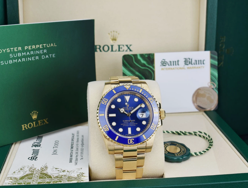 ROLEX Mens 18kt Gold Submariner Blue Dial BOX BOOK TAG Model 116618 LB