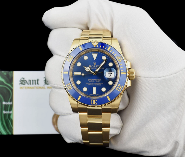 ROLEX Mens 18kt Gold Submariner Blue Dial BOX BOOK TAG Model 116618 LB