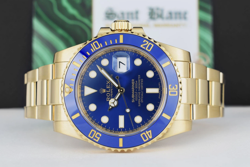 ROLEX Mens 18kt Gold Submariner Blue Dial BOX BOOK TAG Model 116618 LB
