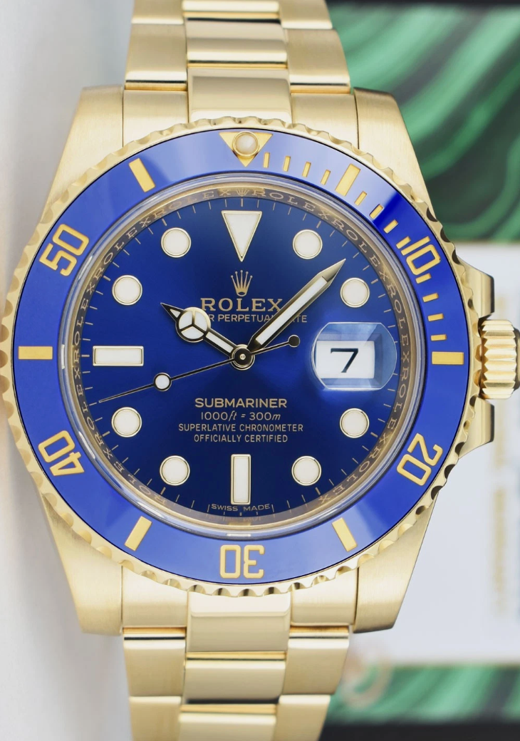ROLEX Mens 18kt Gold Submariner Blue Dial BOX BOOK TAG Model 116618 LB