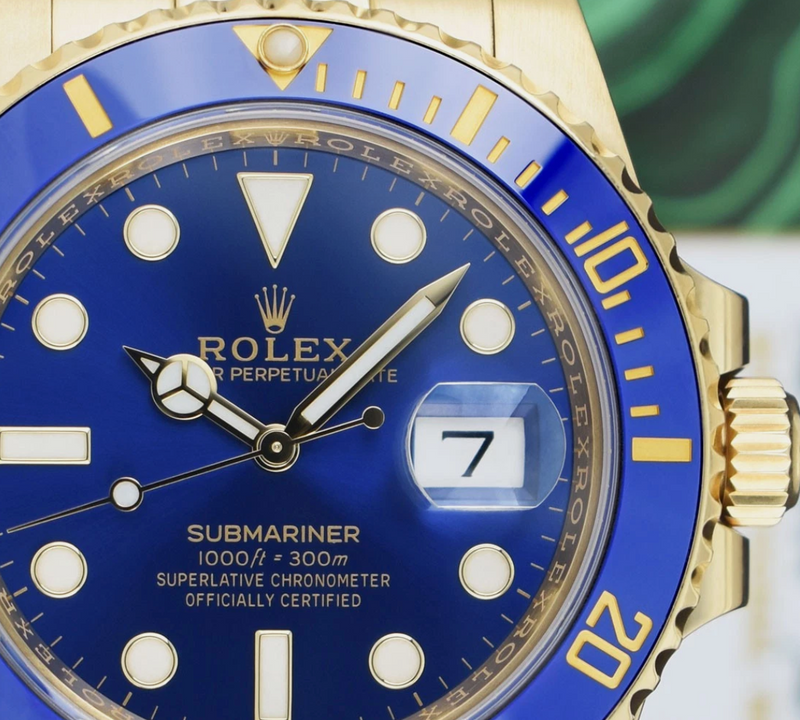 ROLEX Mens 18kt Gold Submariner Blue Dial BOX BOOK TAG Model 116618 LB