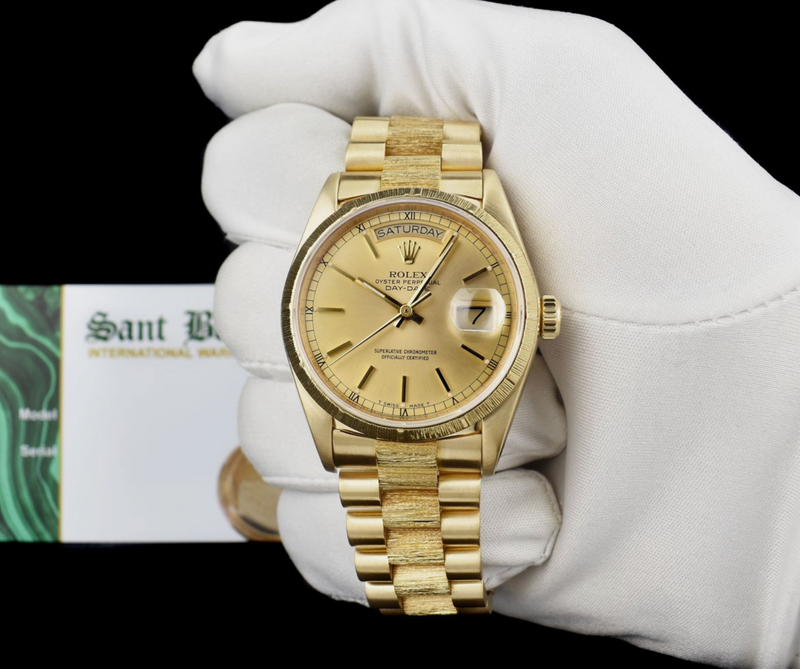 ROLEX 36mm 18kt Gold Day Date Bark President Champagne Stick Dial