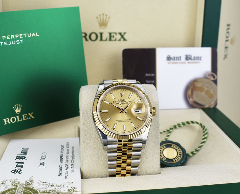 ROLEX 18kt Gold & Stainless Steel Datejust 36 Champagne Index Dial with Card Model 126233