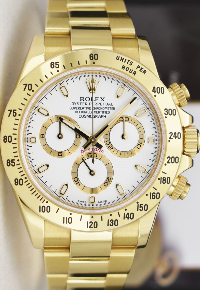 ROLEX 40mm 18kt Gold Daytona White Index Dial with Card & Tags Model 116528