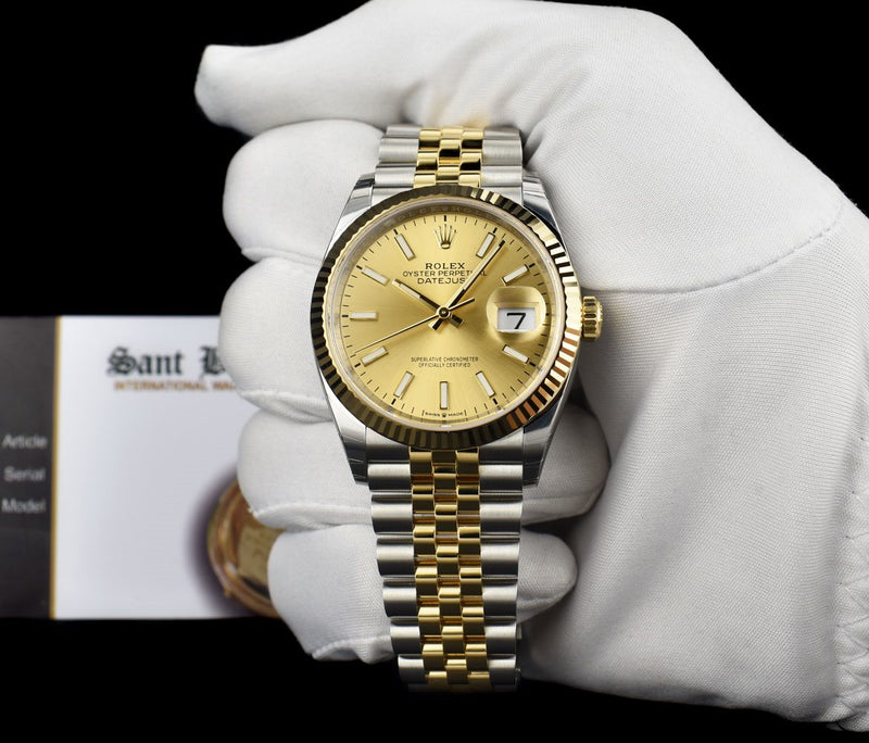 ROLEX 18kt Gold & Stainless Steel Datejust 36 Champagne Index Dial with Card Model 126233