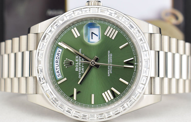 ROLEX White Gold Day Date 40 President Green Dial Custom Bezel Model 228239