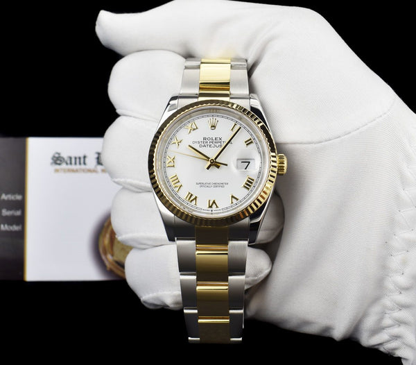 ROLEX 2020 18kt Gold & Stainless Steel Datejust 36 White Roman Box & Card Model 126233