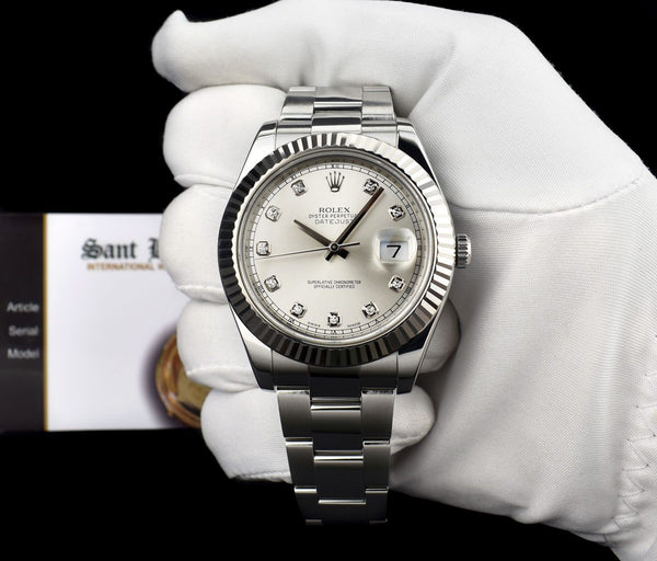 ROLEX 41mm 18kt White Gold & Stainless Steel DateJust II Silver Diamond Dial Model 116334