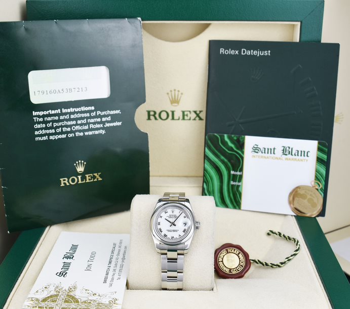 ROLEX - Ladies SS DateJust 26mm White Roman Dial w/ PAPERS 179160