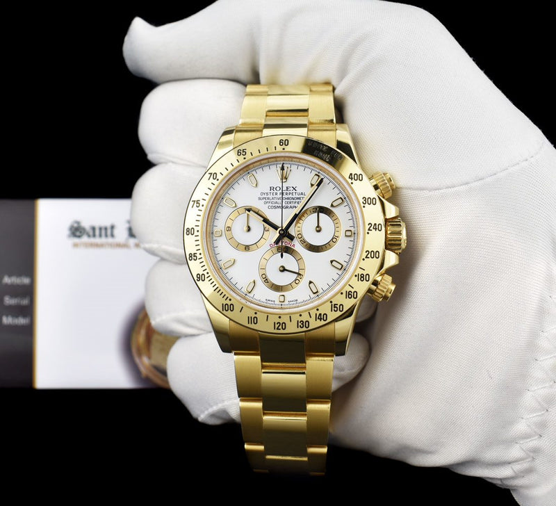 ROLEX 40mm 18kt Gold Daytona White Index Dial with Card & Tags Model 116528