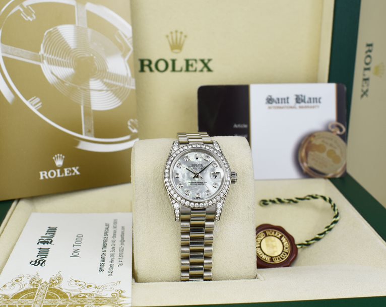ROLEX REHAUT 26mm 18kt White Gold President MOP Diamond Dial 179159