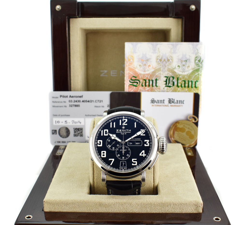 ZENITH 48mm Stainless Steel Pilot Montre D Aeronef Type 20 Annual Calendar Black Dial Model 03.2430.4054 21.C721